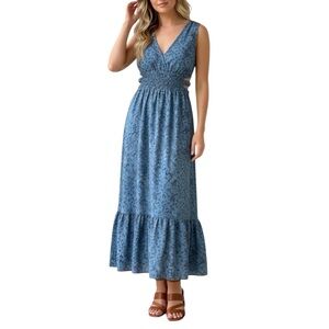 Women’s Boho Blue Floral Print V-neck Maxi Dress Side Cutouts Sleeveless Western